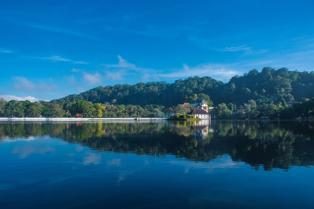 Scenic view of Kandy Lake and the Temple of the Tooth seen from the Best Kandy Viewpoint Hotel